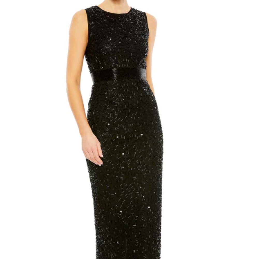 MAC DUGGAL 93758 GEOMETRIC EMBELLISHED SLEEVELESS A-LINE BLACK MIDI DRESS sz 12